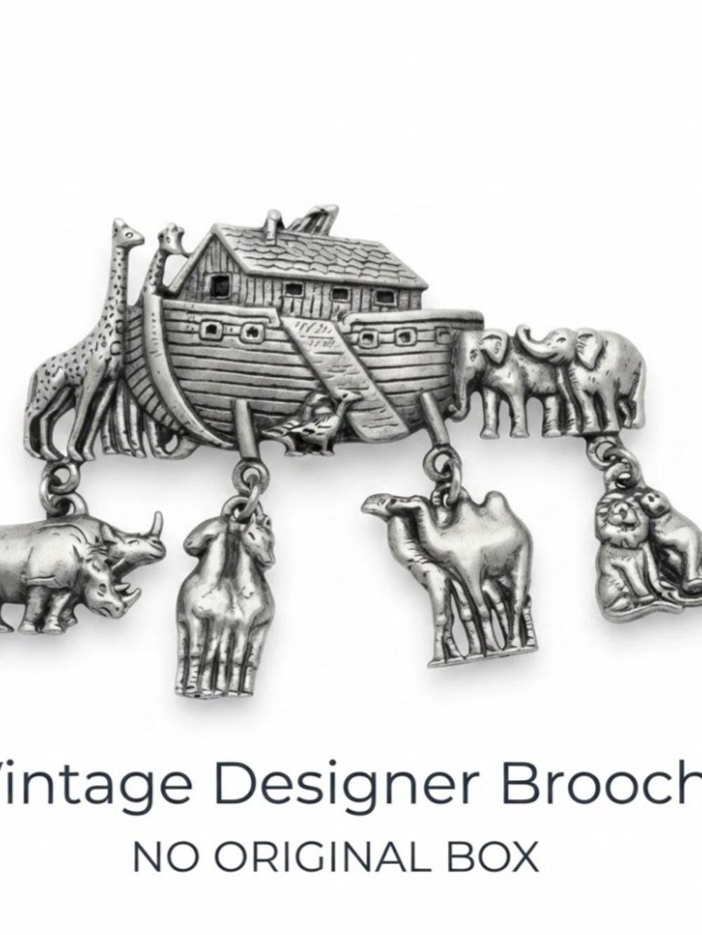 โVintage Signed JJ Jonette Pewter Noah's Ark Dangling Animals Brooch Pin